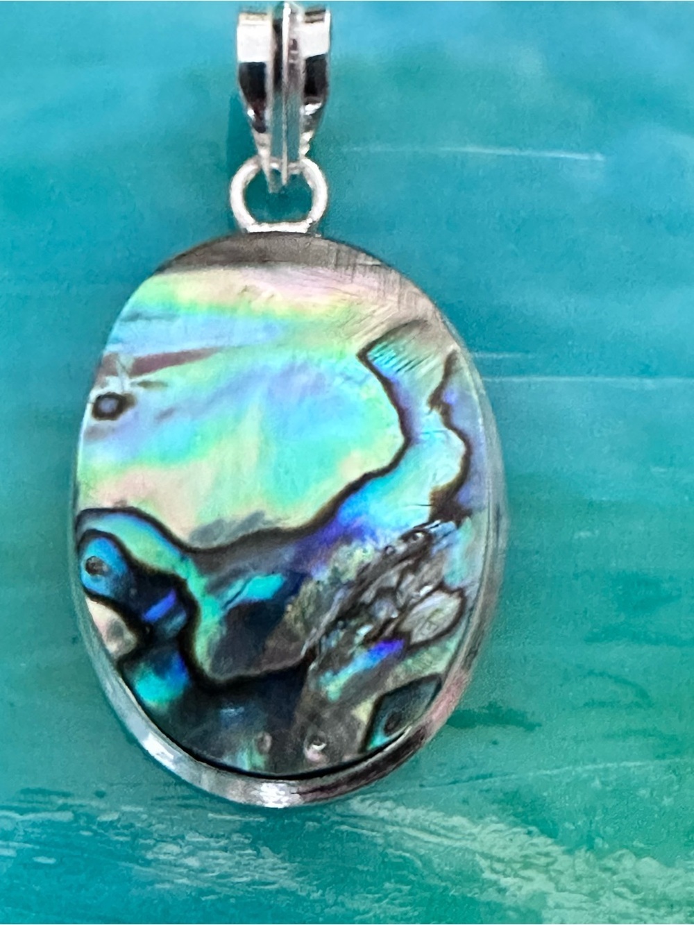 Artisan Handcrafted Abalone Oval Pendant Necklace - Iridescent Blue & Green